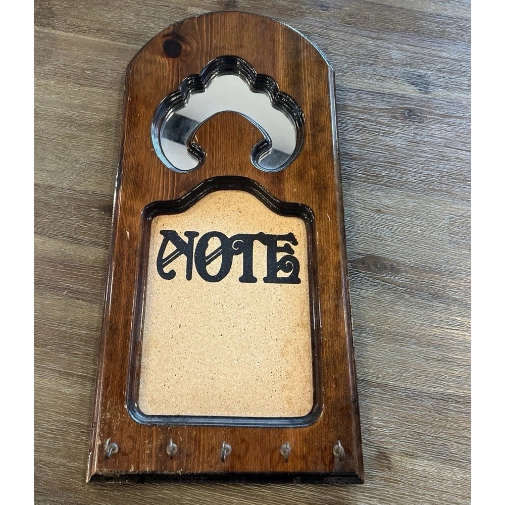 Vintage 70s Wood Key Hanger w Mirror Memo Board Entryway Organizer Cottagecore